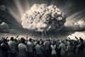 Crowd of people photographing mushroom cloud. Neural network AI generated