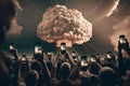 Crowd of people photographing mushroom cloud. Neural network AI generated