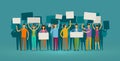 Crowd of people with placards on demonstration. Manifestation, protest concept. Cartoon vector illustration