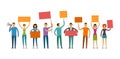 Crowd of people with placards on demonstration. Manifestation, protestation concept. Cartoon vector illustration