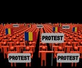 Crowd of people with protest signs and Romanian flags illustration