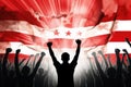 Crowd of people with raised hands against american flag in grunge effect, Silhouette of raised arms and clenched fists on the