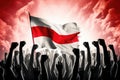 Crowd of People Raising Hands in Front of Flag, Silhouette of raised arms and clenched fists on the background of the flag of Royalty Free Stock Photo