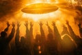 Crowd of people raising hands welcoming and worshipping an extraterrestrial flying saucer
