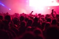 Crowd of people in red stage lights partying at a live concert at music festival Royalty Free Stock Photo