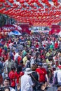 Crowd people roams the street of Yaowarat during the celebration of Chinese New Year and Valentine`s Day. Chinatown in Bangkok, Royalty Free Stock Photo