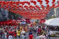 Crowd people roams the street of Yaowarat during the celebration of Chinese New Year and Valentine`s Day. Yaowarat is a Chinatown Royalty Free Stock Photo