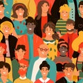 Crowd of people seamless pattern. Group of diverse people background. Young men and women with different skin color Royalty Free Stock Photo