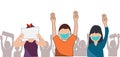 Crowd of people show 3 fingers protesting. Protest, outcry, deprecation concept. Cartoon vector illustration