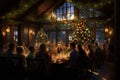 Crowd of people sitting in a restaurant with Christmas tree in the background, family gathered for Christmas dinner. Clad in
