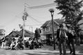 Crowd of people sitting and waiting at front of Saga-Arashiyama train station Royalty Free Stock Photo