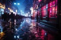 Crowd of people on a snow covered night city street with illumination, AI Generated