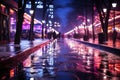Crowd of people on a snow covered night city street with illumination, AI Generated