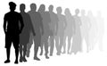 Crowd of people stand in line. People queue for casting. Silhouette vector illustration Royalty Free Stock Photo