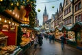 Crowd of people strolling down a street adorned with festive Christmas decorations, A bustling European Christmas market with Royalty Free Stock Photo