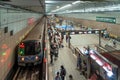 Crowd of people with the trains in underground railway tunnel. Subway metro in transportation background in Taipei City, Taiwan