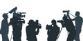 Crowd of people with video and photo cameras, silhouettes. Press conference, reporters. Vector illustration Royalty Free Stock Photo