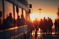 Crowd of people waiting for the bus in the sunset light. City transportation and passengers concept. Beautiful abstract blurred