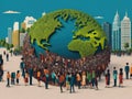 Crowd of people walking around the planet earth. World Population Day concept. Royalty Free Stock Photo
