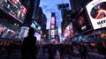 Crowd of people walking on a busy city street at sunset. Urban life and commuting concept