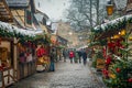 Crowd of people walking through busy street adorned with festive Christmas decorations, A bustling European Christmas market with Royalty Free Stock Photo
