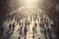 crowd of people walking on city street at foggy morning, neural network generated image