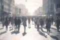 crowd of people walking on city street at foggy morning, neural network generated image