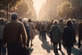 crowd of people walking on city street at foggy morning, neural network generated photorelistic image