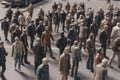 crowd of people walking on city street at summer morning, neural network generated image