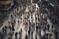 crowd of people walking on city street at summer morning, neural network generated image