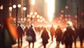 Crowd of people walking down the street in blurred motion
