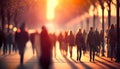 Crowd of people walking down the street in blurred motion