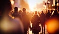 Crowd of people walking down the street in blurred motion