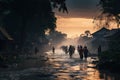 Crowd of people walking on flooded road in village