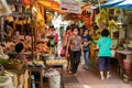 Crowd of people walking shopping for Chinese food resource in Chinatown Yaowarach market and waring face mask for protect Royalty Free Stock Photo