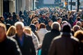 Crowd of people walking on street sidewalk