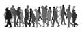 Crowd of people walking vector silhouette illustration isolated on white background. Senior tourists on vacation. Woman and man.