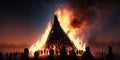 Crowd of people watching gigantic bonfire at beltane or bealtaine festival. Generative AI.