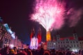 Crowd of people watching New Year fireworks in historic city center of Hradec Kralove, Czech Republic Royalty Free Stock Photo