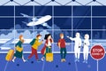 Crowd of people wearing protective medical masks in the airport. Night time. Vector illustration Royalty Free Stock Photo