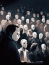 A crowd of people wearing white masks gathering in an auditorium and listening to a speaker whose face is hidden in the