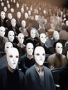 A crowd of people wearing white masks gathering in an auditorium and listening to a speaker whose face is hidden in the