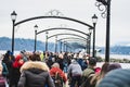 A crowd of people at White Rock looking at the natural phenomena of thousands of dead anchovies being eaten by wildlife. Royalty Free Stock Photo