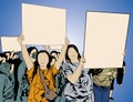 Crowd of people women with blank banners protesting striking revolution