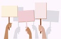 A crowd of protesting people. Demonstration, protest. Banner in the hand. Silhouettes of the hands of protesters. Flat illustratio