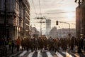 Crowd of protestors blocking the traffic on Terazije street against vucic and serbian government demonstrating against rio tinto