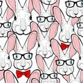 Crowd of rabbits in retro glasses and with bow tie.