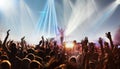 crowd with raised hands at concert festival banner