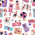 Crowd of relaxed people chilling on beach seamless pattern. Man, woman, couple and children relaxing, sunbathing