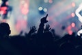 Crowd rocking during a concert with raised arms. Royalty Free Stock Photo